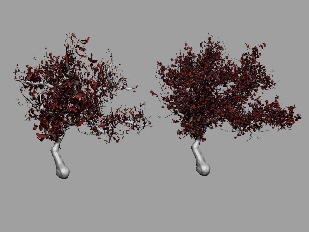Ejemplo del efecto ByArea. En el árbol de la izquierda está activo a 0.5, en el de la derecha se desactiva.